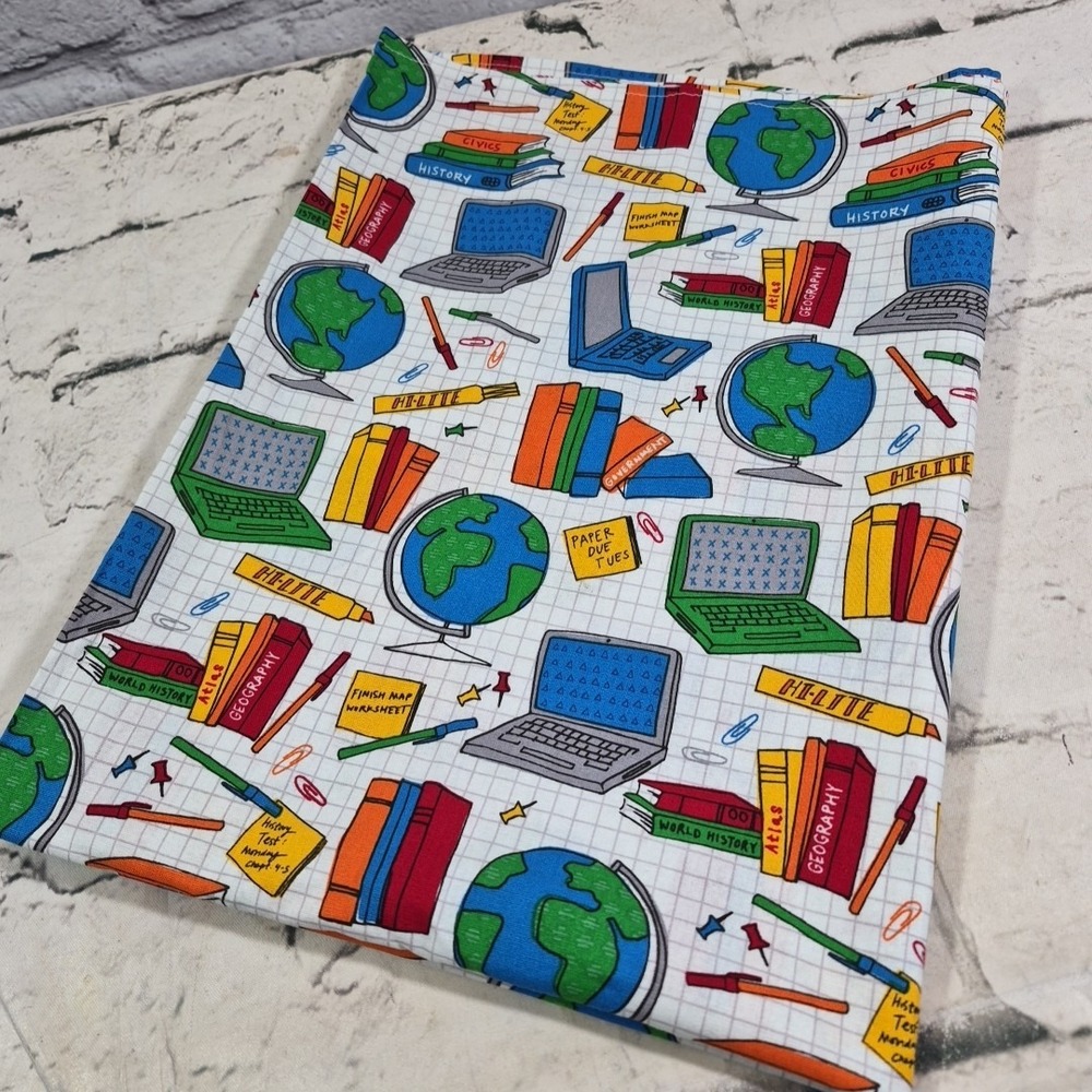 Vintage School Homework Printed Multi Color Fabric Handmade Tablecloth 42" X 28"